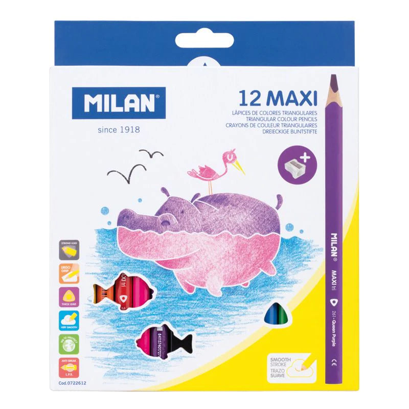 Milan 12-pack Maxi Triangular Coloured Pencils + Sharpener