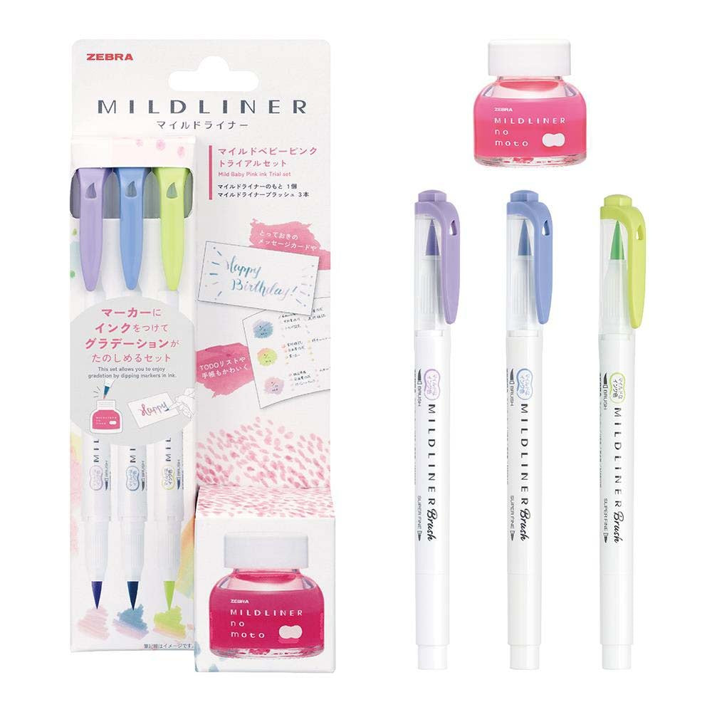 Zebra Mildliner Brush Twin-Tip Marker with No Moto Ink Bottle - Mild ...