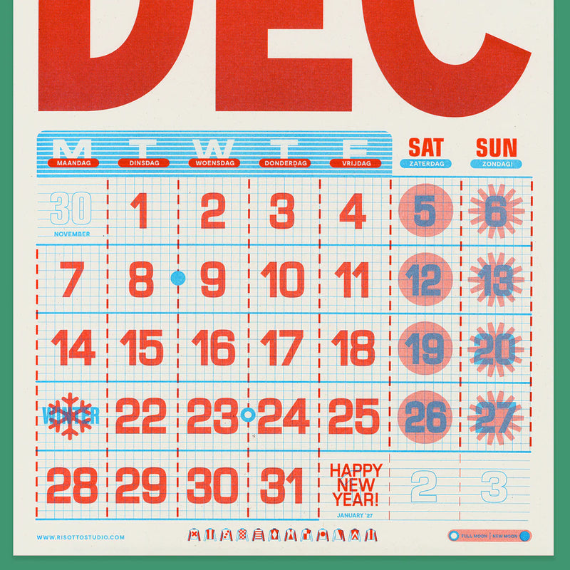 Risotto Studio 2026 A3 Risograph Wall Calendar