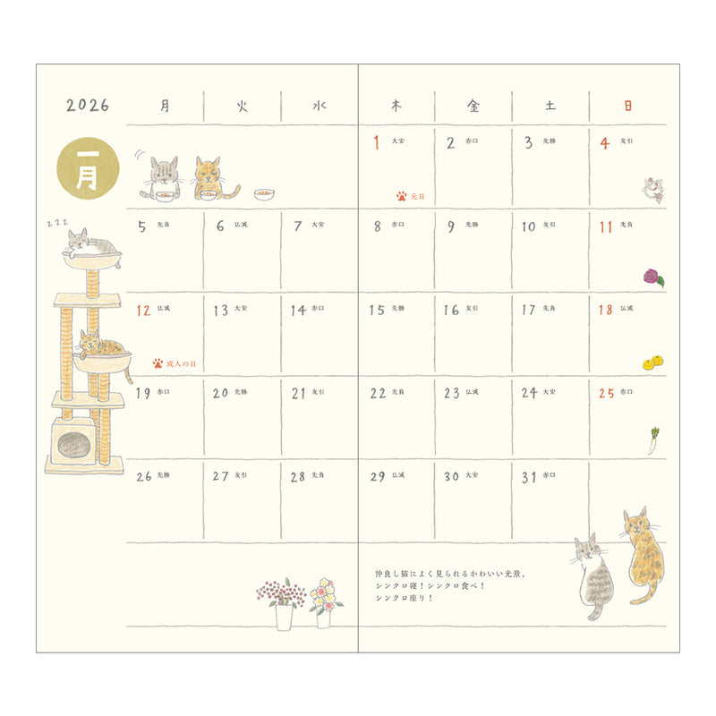 Midori Slim Pocket Monthly Diary 2026 - Cat