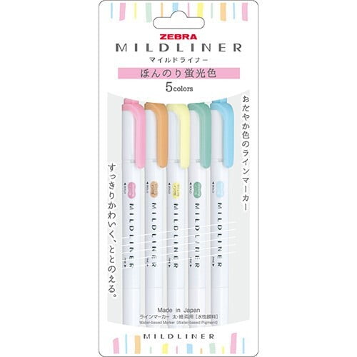 Zebra Mildliner Twintip Highlighter Slightly Fluorescent 5 Colour Set