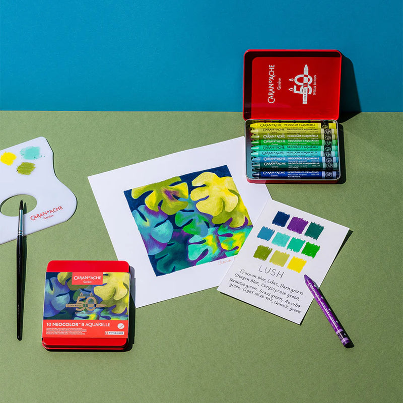 Caran d'Ache Neocolor II Aquarelle Wax Pastels Tin Set of 10  - 50 Years Special Edition -Lush Set