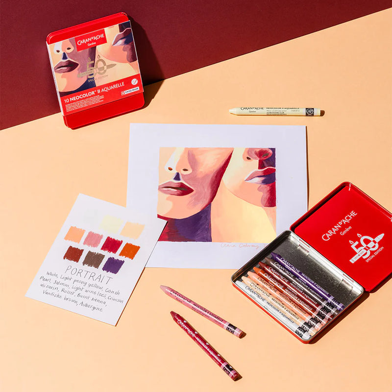 Caran d'Ache Neocolor II Aquarelle Wax Pastels Tin Set of 10  - 50 Years Special Edition - Portrait Set