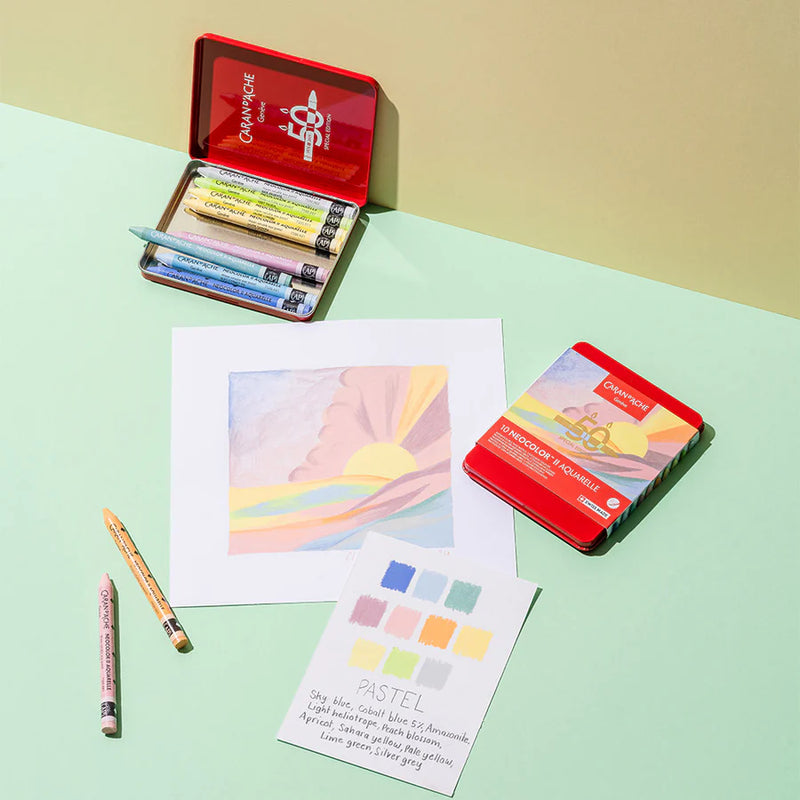 Caran d'Ache Neocolor II Aquarelle Wax Pastels Tin Set of 10  - 50 Years Special Edition - Pastel Set