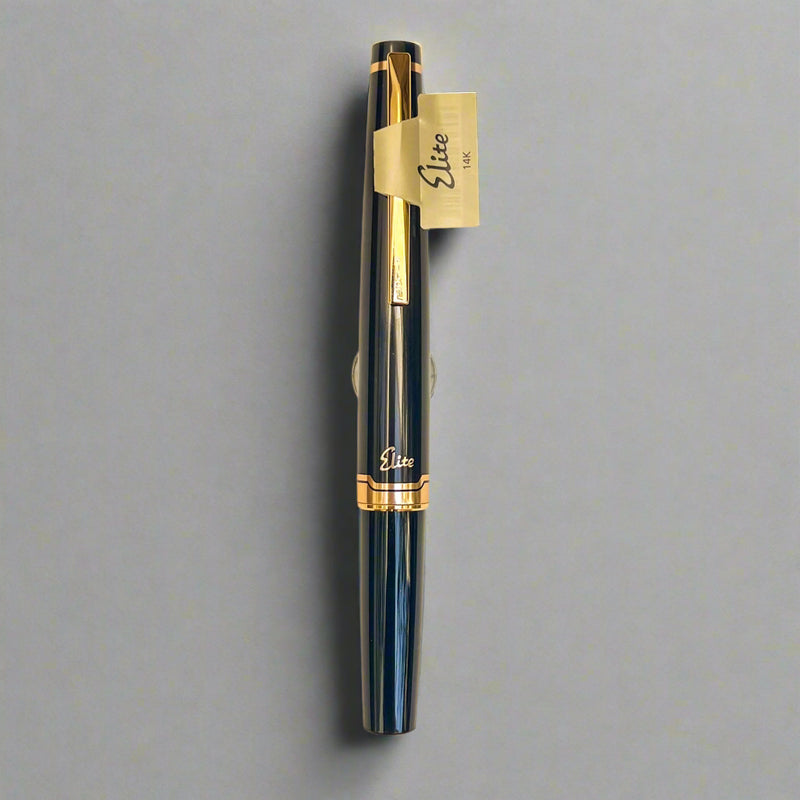 Black fountain pen with gold accents on a beige background