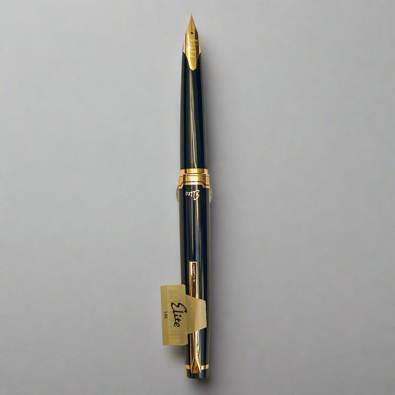 Fountain pen with gold accents on a light beige background