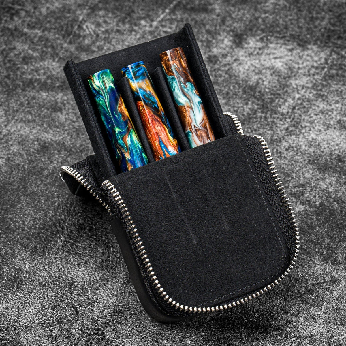 Galen Leather Magnum Opus 3 Slots Hard Pen Case with Removable Pen Tray - Black