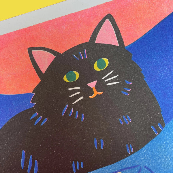 Illustration of a black cat with colorful eyes on a colorful background, featuring the IKEA logo.