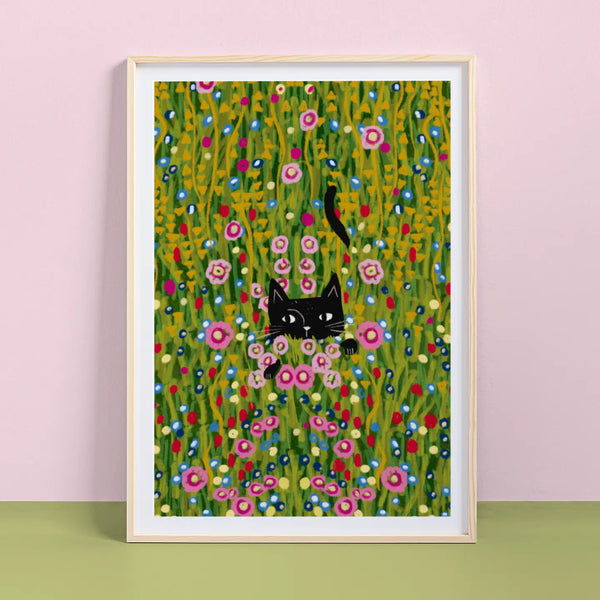 Niaski Cat Hiding in A Klimt Garden A4 Art Print