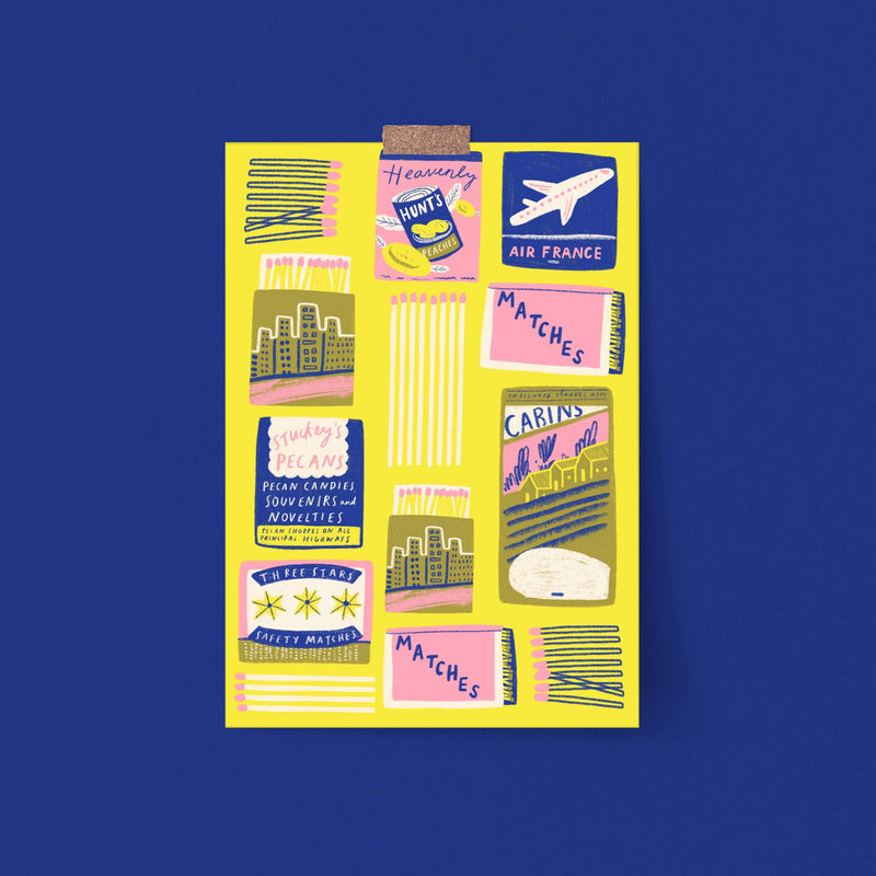 Kerrie Illustrates Vintage Matchboxes Colourful Art Print