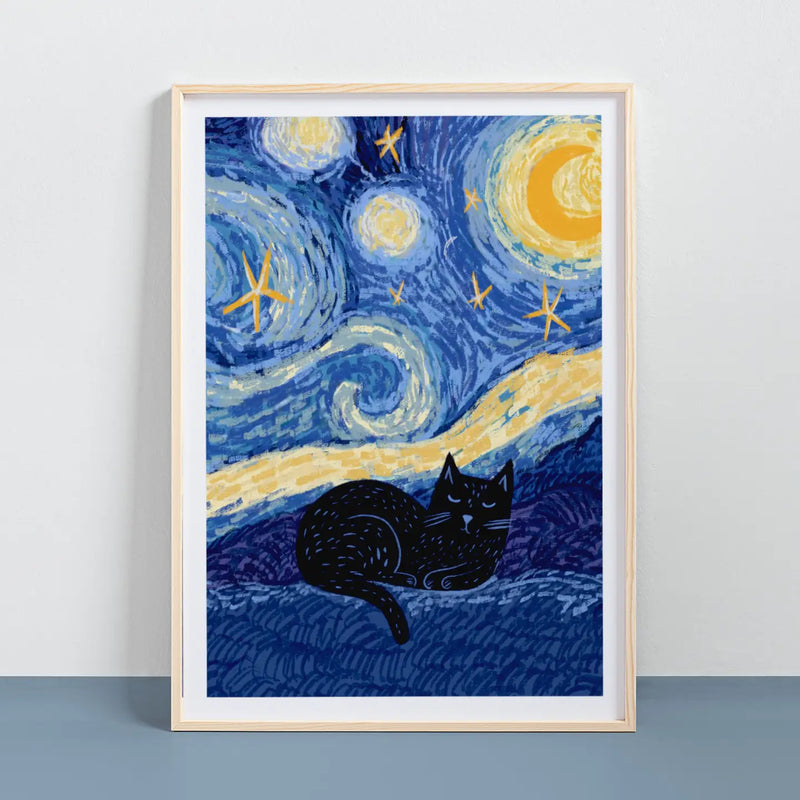 Niaski Starry Night Cat A4 Art Print