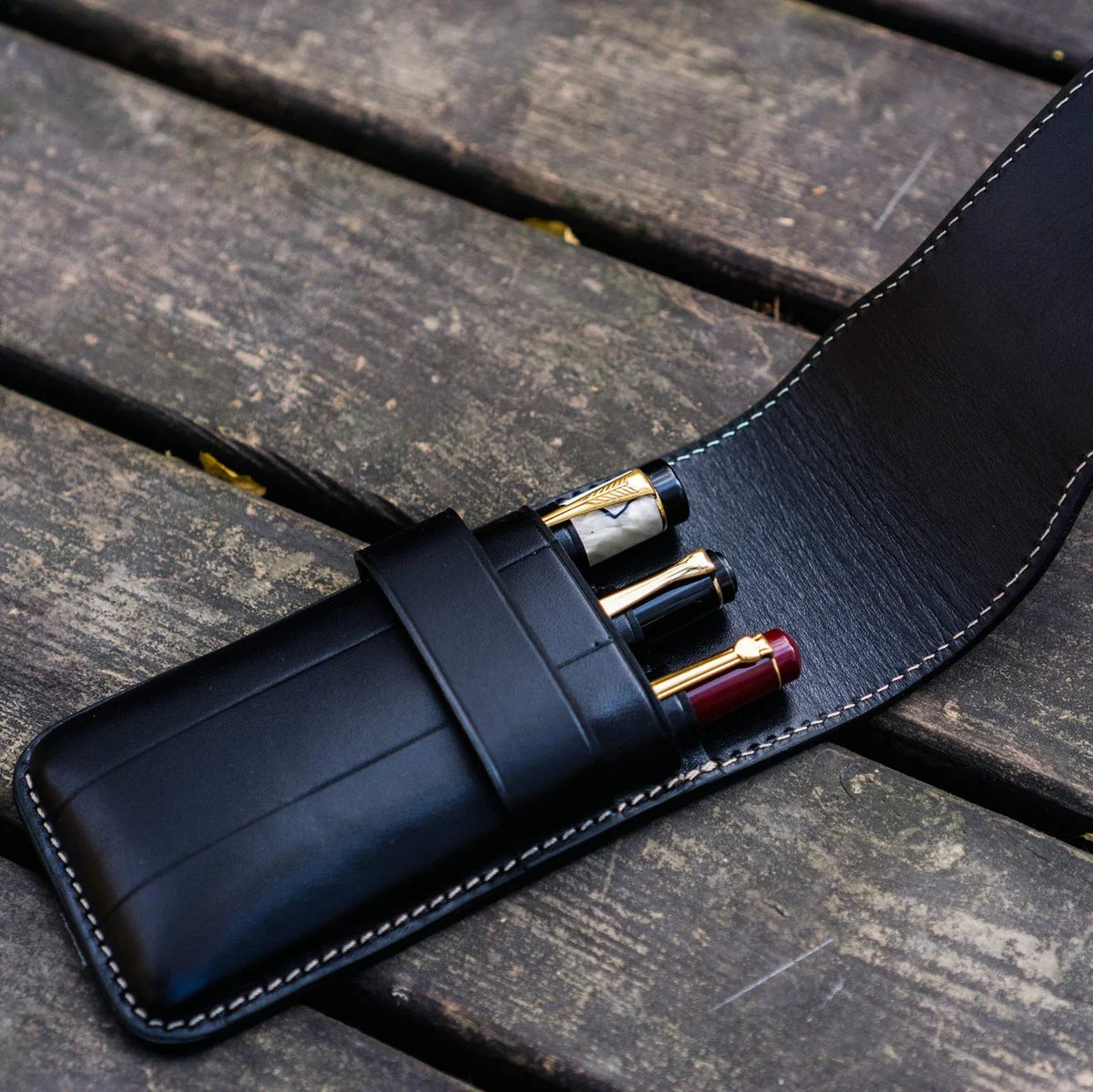 Galen Leather Flap Pen Case for Three Pens