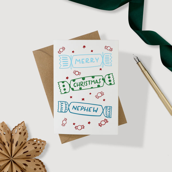 Merry Christmas Nephew Crackers Letterpress Card