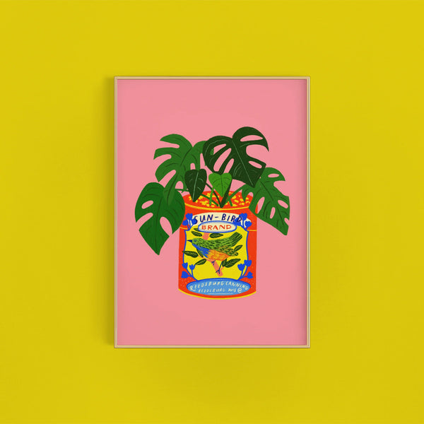 Kerrie Illustrates Monstera House Plant & Vintage Sun Bird Can Art Print