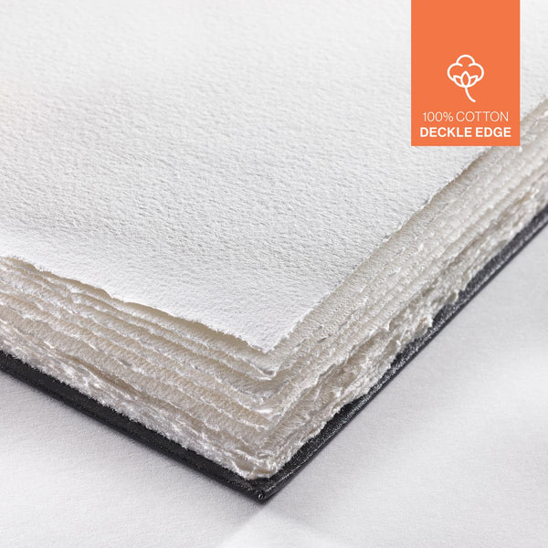 Close-up of a white paper sheet with a deckle edge, featuring an orange logo on the top right corner.