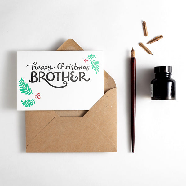 Happy Christmas Brother Leaves Letterpress Card