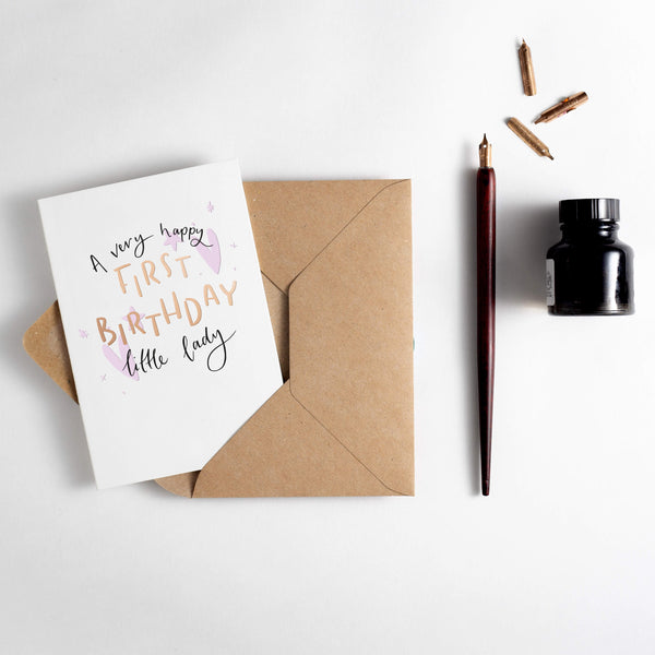 A Very Happy First Birthday Little Lady Letterpress Card